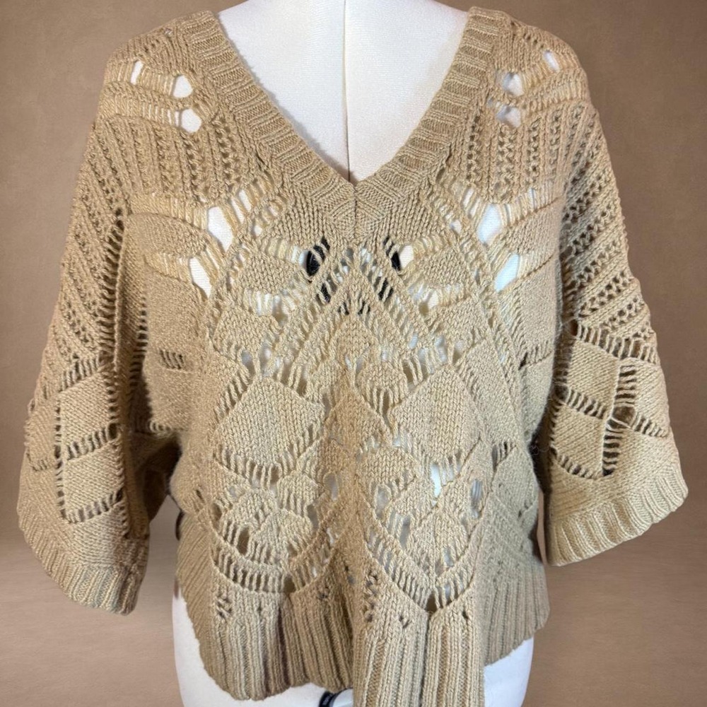 Y2K Lane Bryant Alpaca Wool Knit Poncho Sweater Tan Crochet Open Knit Boho